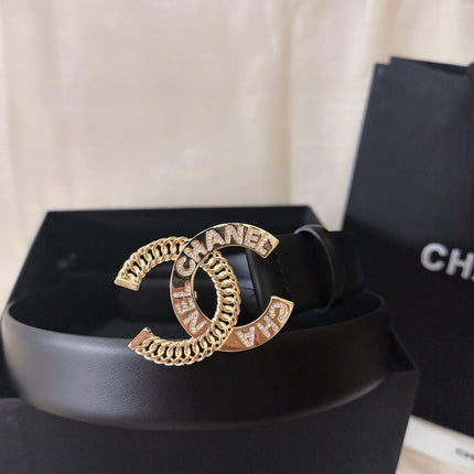 CC MEDIUM 30 MM BELT BLACK CALFSKIN GOLD HARDWARE WITH LETTER