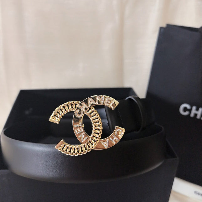 CC MEDIUM 30 MM BELT BLACK CALFSKIN GOLD HARDWARE WITH LETTER