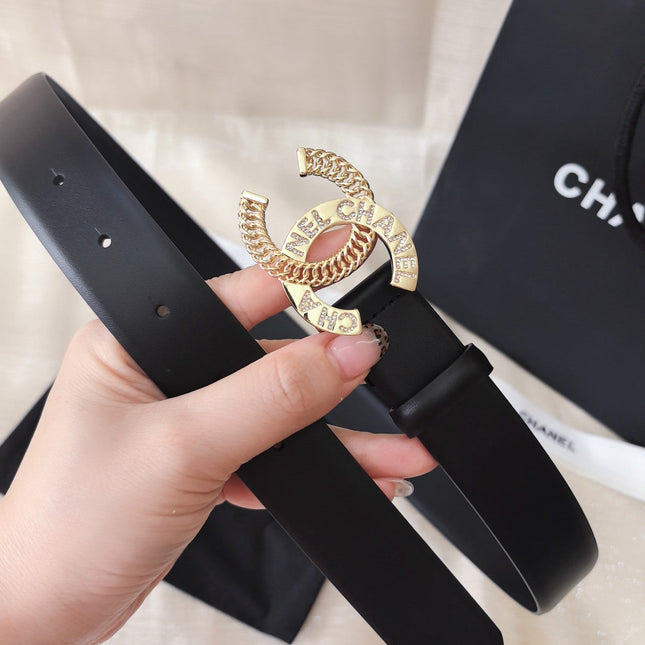 CC MEDIUM 30 MM BELT BLACK CALFSKIN GOLD HARDWARE WITH LETTER