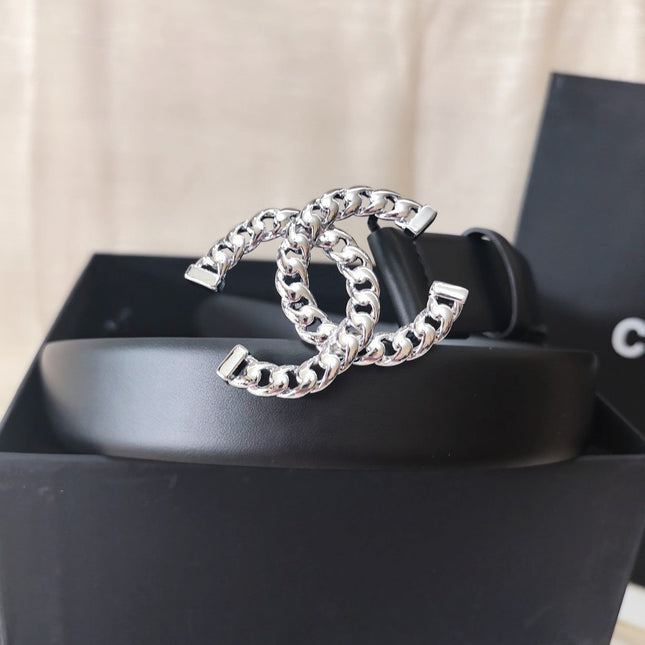 DOUBLE C BELT 30MM IN BLACK CALFSKIN SILVER CHAIN BUCKLE