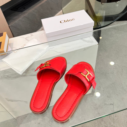 HLOE MARCIE SLIDE IN CHERRY RED CALFSKIN WITH GOLD HARDWARE