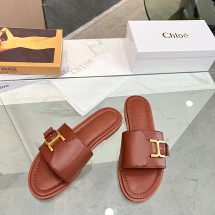 MARCIE SLIDE IN UMBER BROWN CALFSKIN WITH GOLD HARDWARE