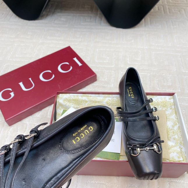 GG BALLET FLAT BLACK HORIZONTAL STRAPS LAMBSKIN
