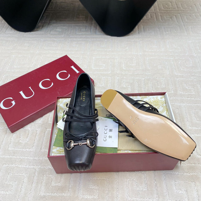 GG BALLET FLAT BLACK HORIZONTAL STRAPS LAMBSKIN