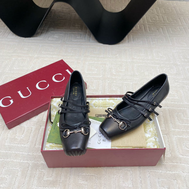 GG BALLET FLAT BLACK HORIZONTAL STRAPS LAMBSKIN