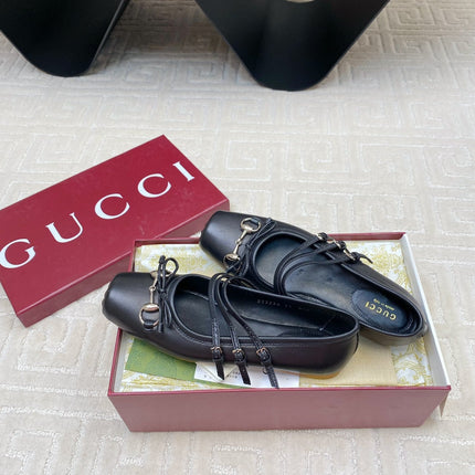 GG BALLET FLAT BLACK HORIZONTAL STRAPS LAMBSKIN