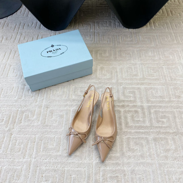 SLINGBACK PUMPS ATTACHED BOW IN BEIGE GLOSSY CALFSKIN