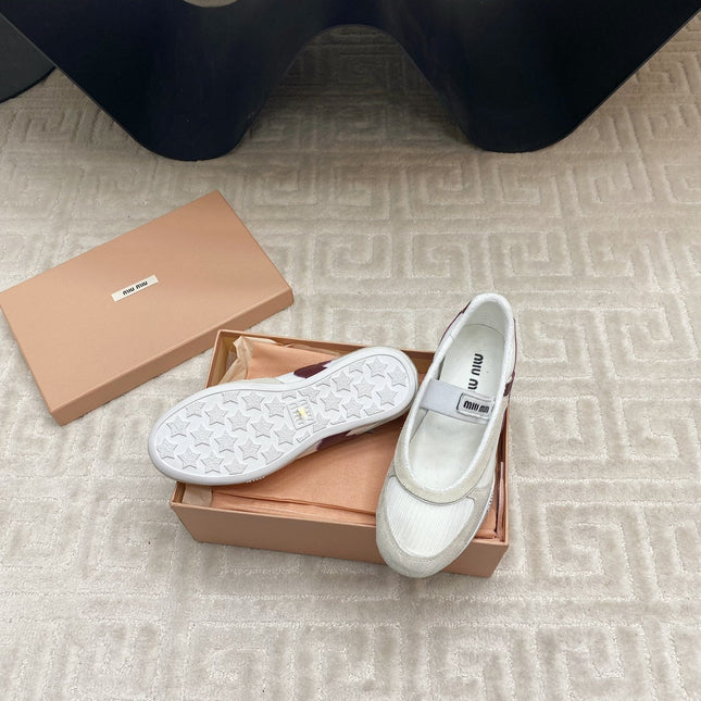 BALLET FLAT SHOES IN WHITE MESH AND BEIGE SUEDE