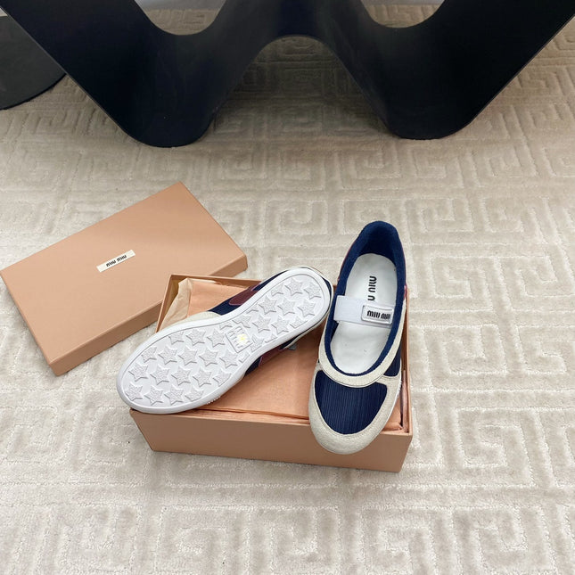 BALLET FLAT SHOES IN NAVY MESH AND WHITE SUEDE