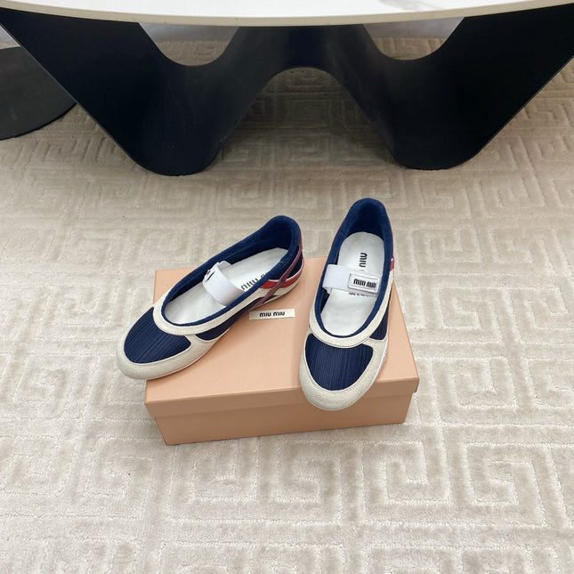 BALLET FLAT SHOES IN NAVY MESH AND WHITE SUEDE