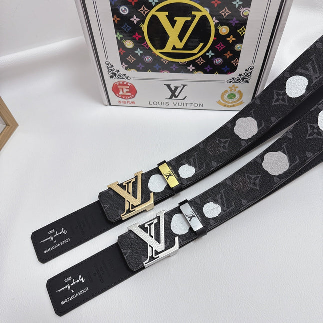 BELT 38MM IN BLACK CALFSKIN WITH WHITE POLKA DOT PATTERN AND 24K GOLD PLATED SILVER STEEL BUCKLE