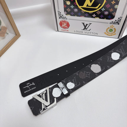 BELT 38MM IN BLACK CALFSKIN WITH WHITE POLKA DOT PATTERN AND 24K GOLD PLATED SILVER STEEL BUCKLE