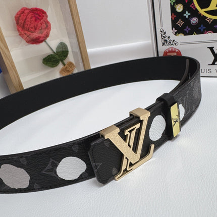 BELT 38MM IN BLACK CALFSKIN WITH WHITE POLKA DOT PATTERN AND 24K GOLD PLATED STEEL BUCKLE