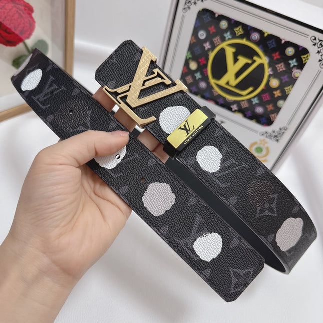 BELT 38MM IN BLACK CALFSKIN WITH WHITE POLKA DOT PATTERN AND 24K GOLD PLATED STEEL BUCKLE