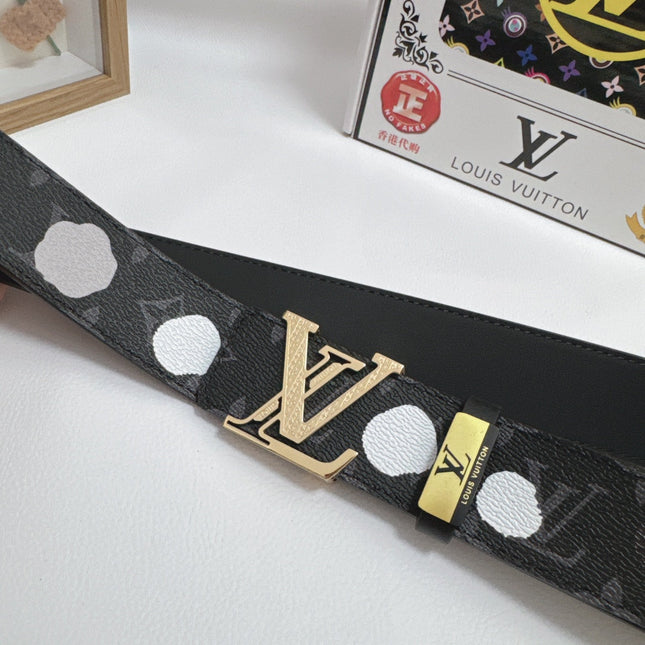 BELT 38MM IN BLACK CALFSKIN WITH WHITE POLKA DOT PATTERN AND 24K GOLD PLATED STEEL BUCKLE