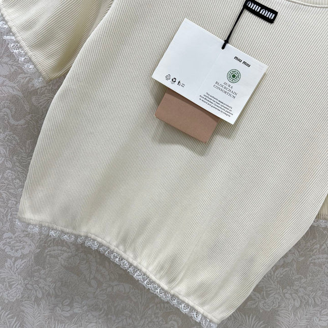 MIUMIU TEXTURED SHORT-SLEEVE LACE TOP 275100