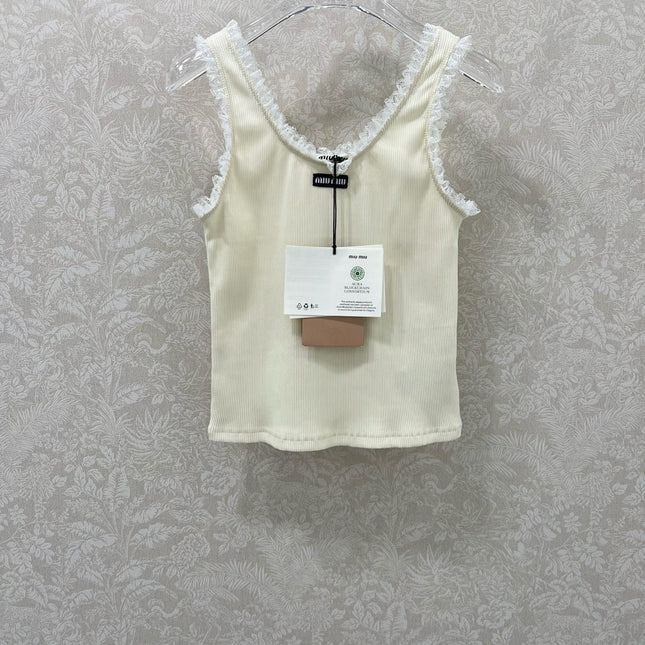MIUMIU KNIT TANK TOP WITH RUFFLED TRIM 275104