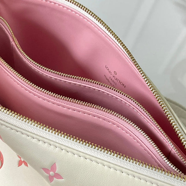 COUSSIN PM 26 IN CREAM RED MONOGRAM EMBOSSED LAMBSKIN GOLD HARDWARE