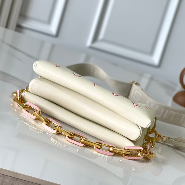 COUSSIN PM 26 IN CREAM RED MONOGRAM EMBOSSED LAMBSKIN GOLD HARDWARE