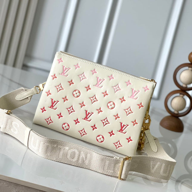 COUSSIN PM 26 IN CREAM RED MONOGRAM EMBOSSED LAMBSKIN GOLD HARDWARE
