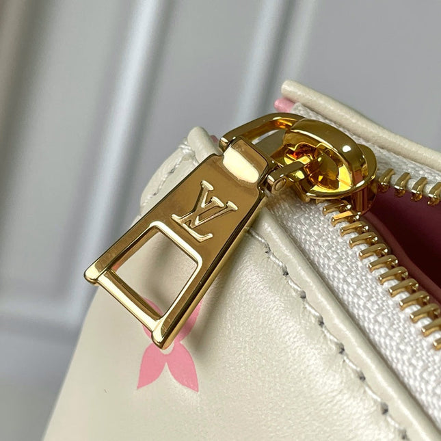 COUSSIN PM 26 IN CREAM RED MONOGRAM EMBOSSED LAMBSKIN GOLD HARDWARE