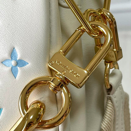 COUSSIN PM 26 IN WHITE BLUE MONOGRAM EMBOSSED LAMBSKIN GOLD HARDWARE