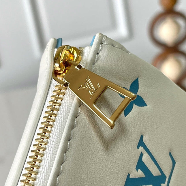 COUSSIN PM 26 IN WHITE BLUE MONOGRAM EMBOSSED LAMBSKIN GOLD HARDWARE