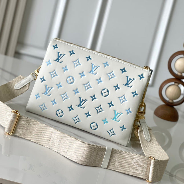 COUSSIN PM 26 IN WHITE BLUE MONOGRAM EMBOSSED LAMBSKIN GOLD HARDWARE