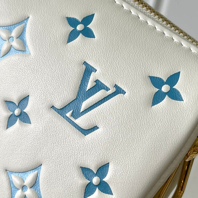COUSSIN PM 26 IN WHITE BLUE MONOGRAM EMBOSSED LAMBSKIN GOLD HARDWARE