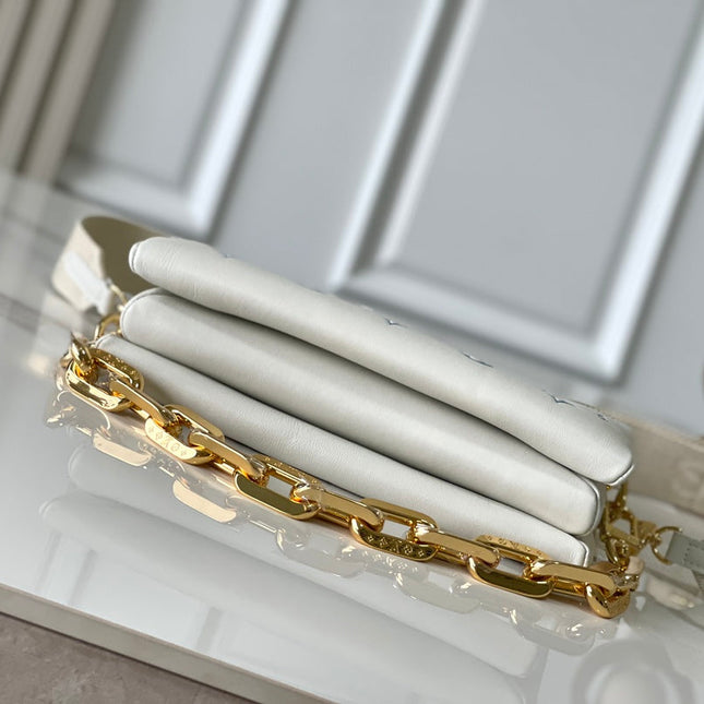 COUSSIN PM 26 IN WHITE BLUE MONOGRAM EMBOSSED LAMBSKIN GOLD HARDWARE