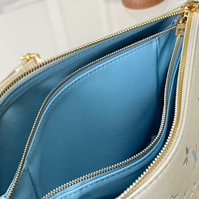 COUSSIN PM 26 IN WHITE BLUE MONOGRAM EMBOSSED LAMBSKIN GOLD HARDWARE