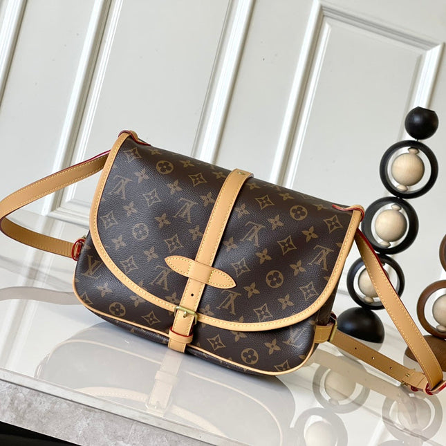 SAUMUR BB 35 IN BROWN MONOGRAM CANVAS AND LEATHER TRIM GOLD HARDWARE