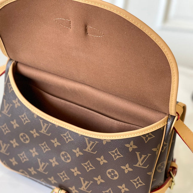 SAUMUR BB 35 IN BROWN MONOGRAM CANVAS AND LEATHER TRIM GOLD HARDWARE
