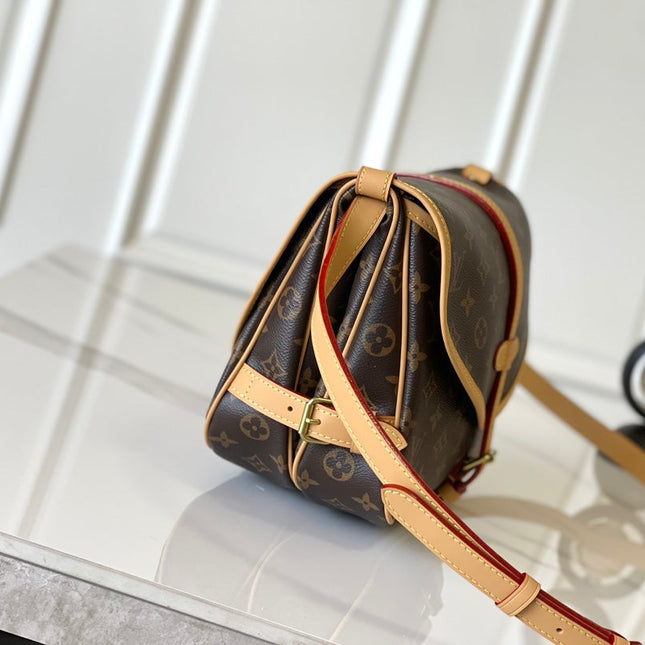 SAUMUR BB 35 IN BROWN MONOGRAM CANVAS AND LEATHER TRIM GOLD HARDWARE