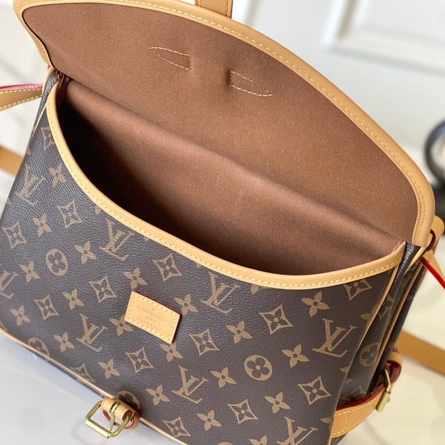 SAUMUR BB 35 IN BROWN MONOGRAM CANVAS AND LEATHER TRIM GOLD HARDWARE