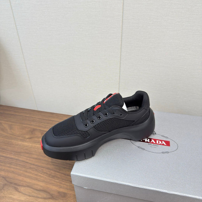 PRADA 25S SPORTY STYLE MEN SNEAKERS LOGO 45MM IN BLACK AND RED CALFSKIN