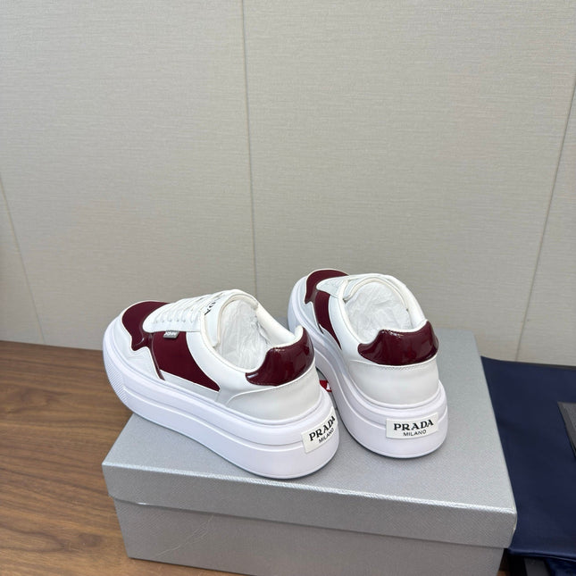 PRADA 25S DOWNTOWN BOLD SNEAKERS 45MM IN WHITE AND BURGUNDY CALFSKIN