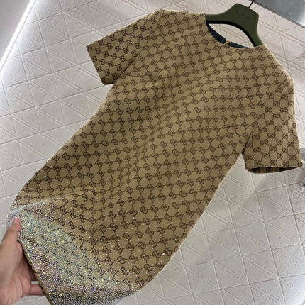 GG Beige Monogram Crystal Embellished Mini Dress
