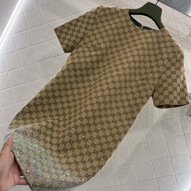 GG Beige Monogram Crystal Embellished Mini Dress