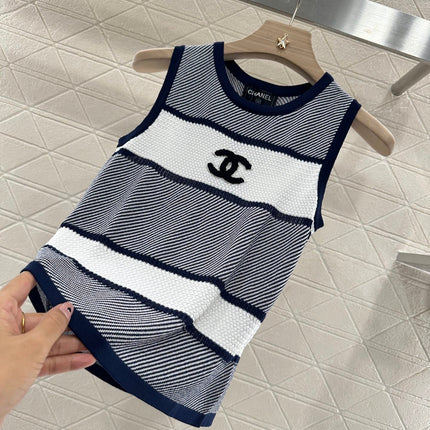 Chanel 25 Tank Top Black White Patchwork Knitted Crewneck