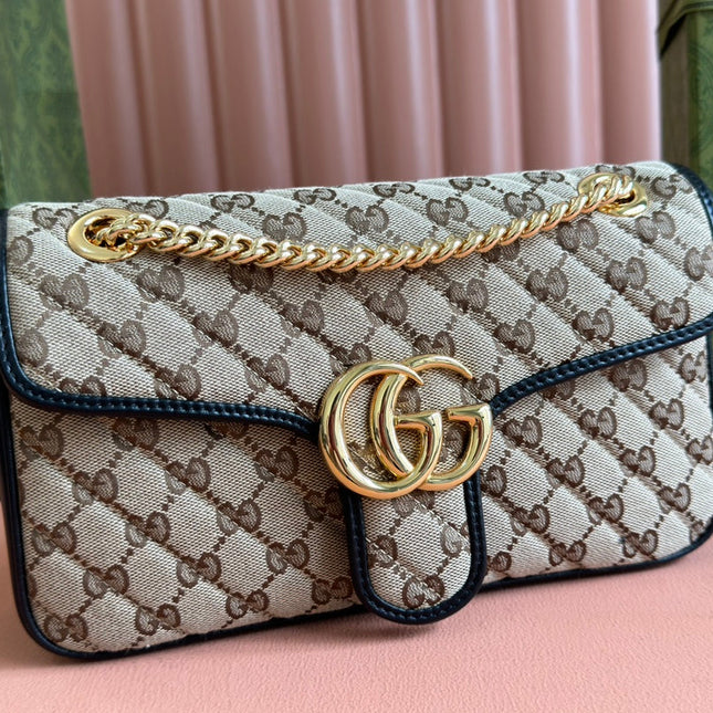 MARMONT MEDIUM SHOULDER BAG 26 IN BEIGE AND BROWN GG CANVAS BLACK CALFSKIN GOLD HARDWARE