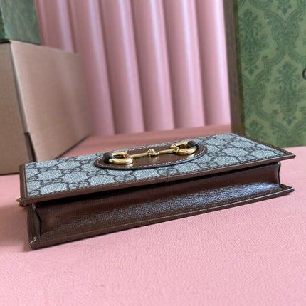 HORSEBIT 1955 WALLET IN BEIGE EBONY CANVAS MIX BROWN CALFSKIN GOLD CHAIN