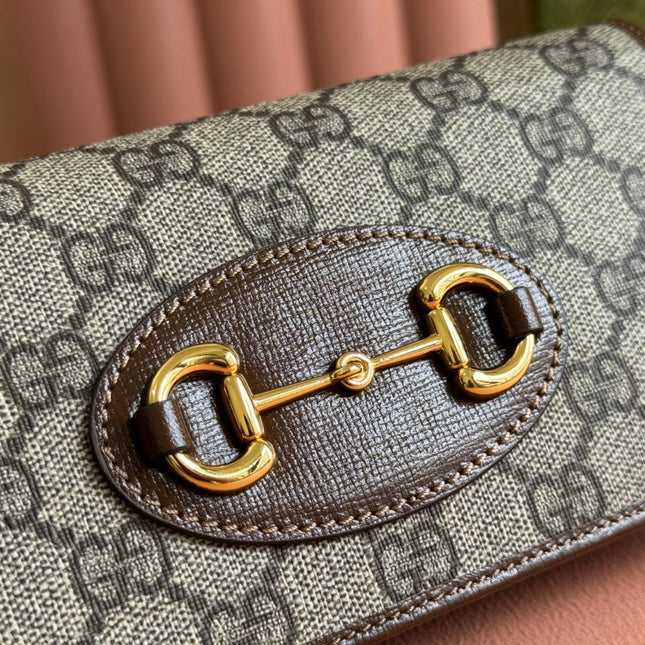 HORSEBIT 1955 WALLET IN BEIGE EBONY CANVAS MIX BROWN CALFSKIN GOLD CHAIN