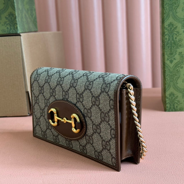 HORSEBIT 1955 WALLET IN BEIGE EBONY CANVAS MIX BROWN CALFSKIN GOLD CHAIN