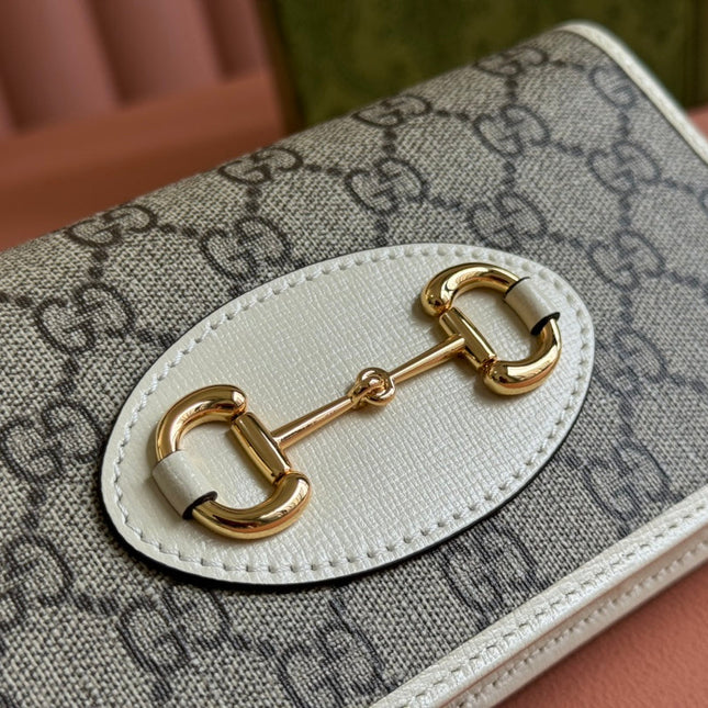 HORSEBIT 1955 WALLET IN BEIGE EBONY CANVAS MIX WHITE CALFSKIN GOLD CHAIN