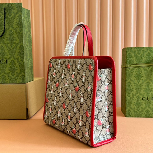 CHILDREN'S PRINTED RABBIT TOTE BAG 28.5 IN BEIGE AND DARK BROWN GG CANVAS RED TRIM