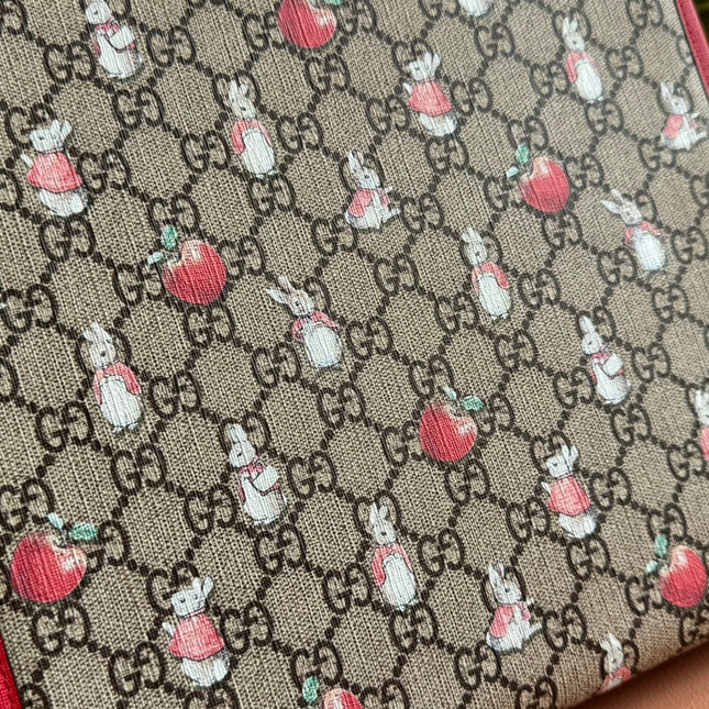 CHILDREN'S PRINTED RABBIT TOTE BAG 28.5 IN BEIGE AND DARK BROWN GG CANVAS RED TRIM
