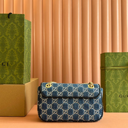 MARMONT SHOULDER BAG 26 IN BLUE DENIM WITH DOUBLE G CRYSTAL PATTERN GOLD HARDWARE