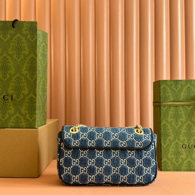 MARMONT SHOULDER BAG 26 IN BLUE DENIM WITH DOUBLE G CRYSTAL PATTERN GOLD HARDWARE