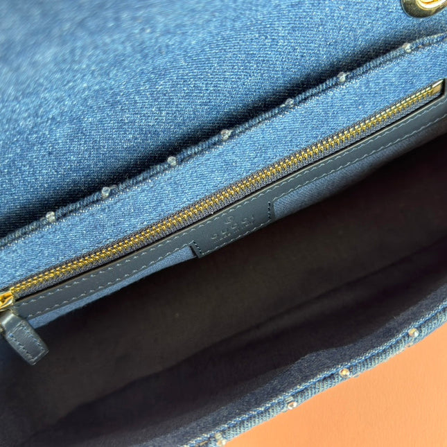 MARMONT SHOULDER BAG 26 IN BLUE DENIM WITH DOUBLE G CRYSTAL PATTERN GOLD HARDWARE